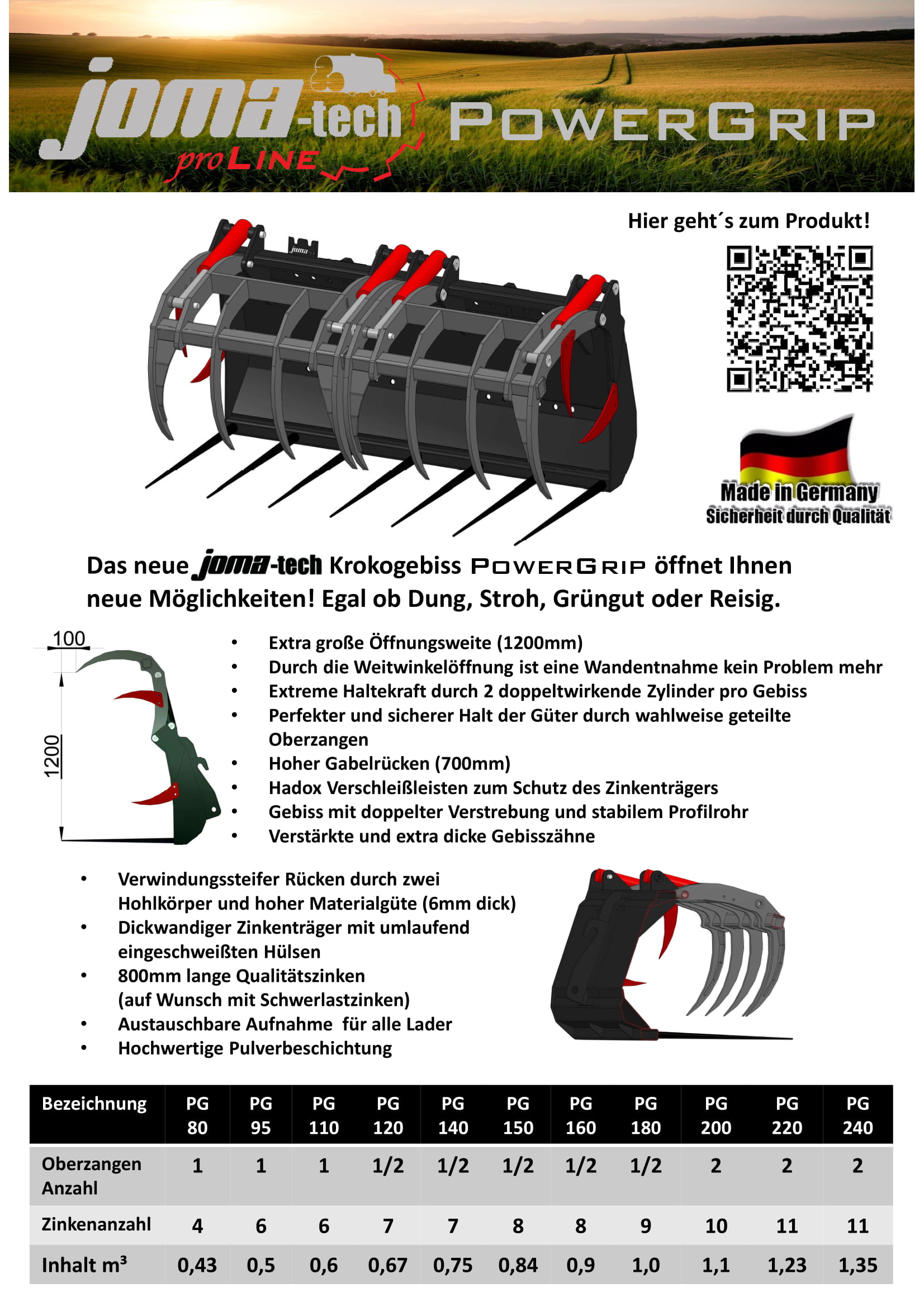 Krokodilgebiss Joma-Tech Powergrip mit Euroaufnahme in 1200-2400mm Arbeitsbreite - [ 1400mm einteilig ]