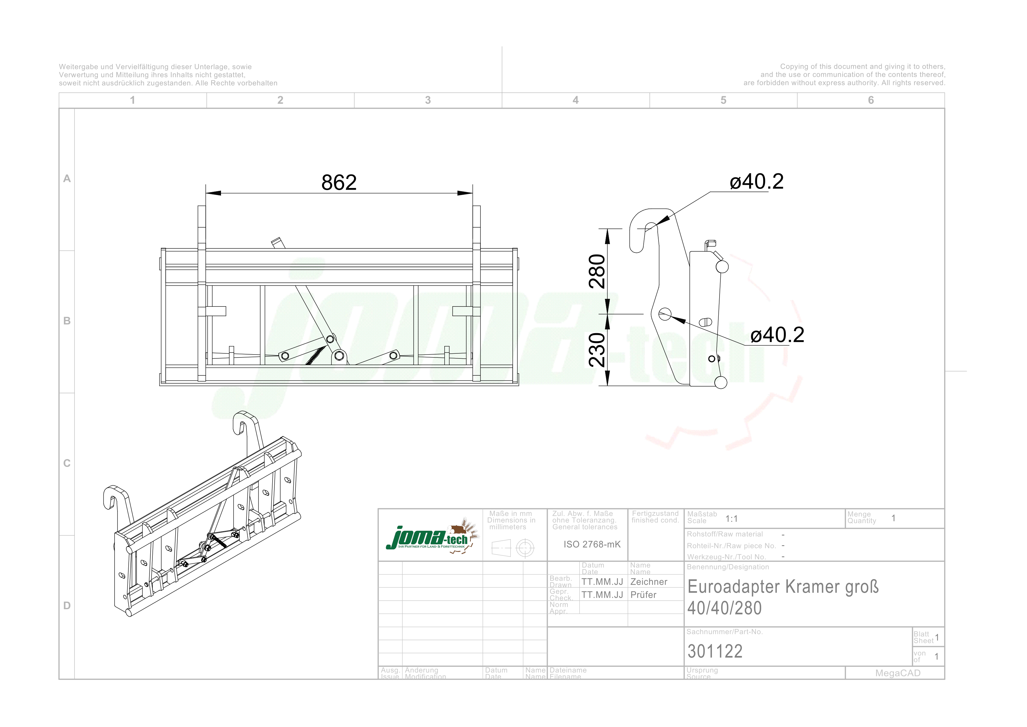 Adapter von Radlader auf Euroaufnahme - Schnellwechsler Kramer Gross 40x40x280mm Mechanisch