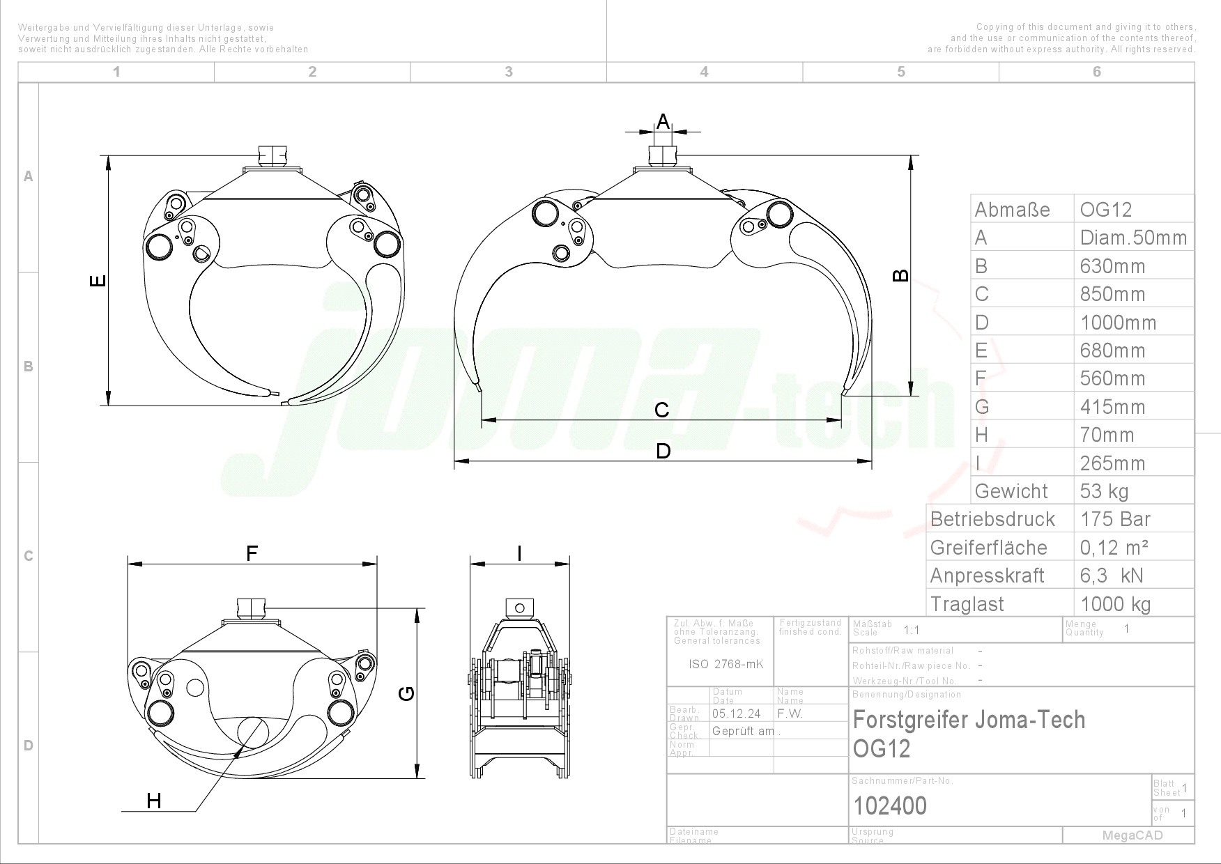 Forstgreifer Joma-Tech OG12 - [ 3t Bolzenrotator ohne Einlegeschalen ]