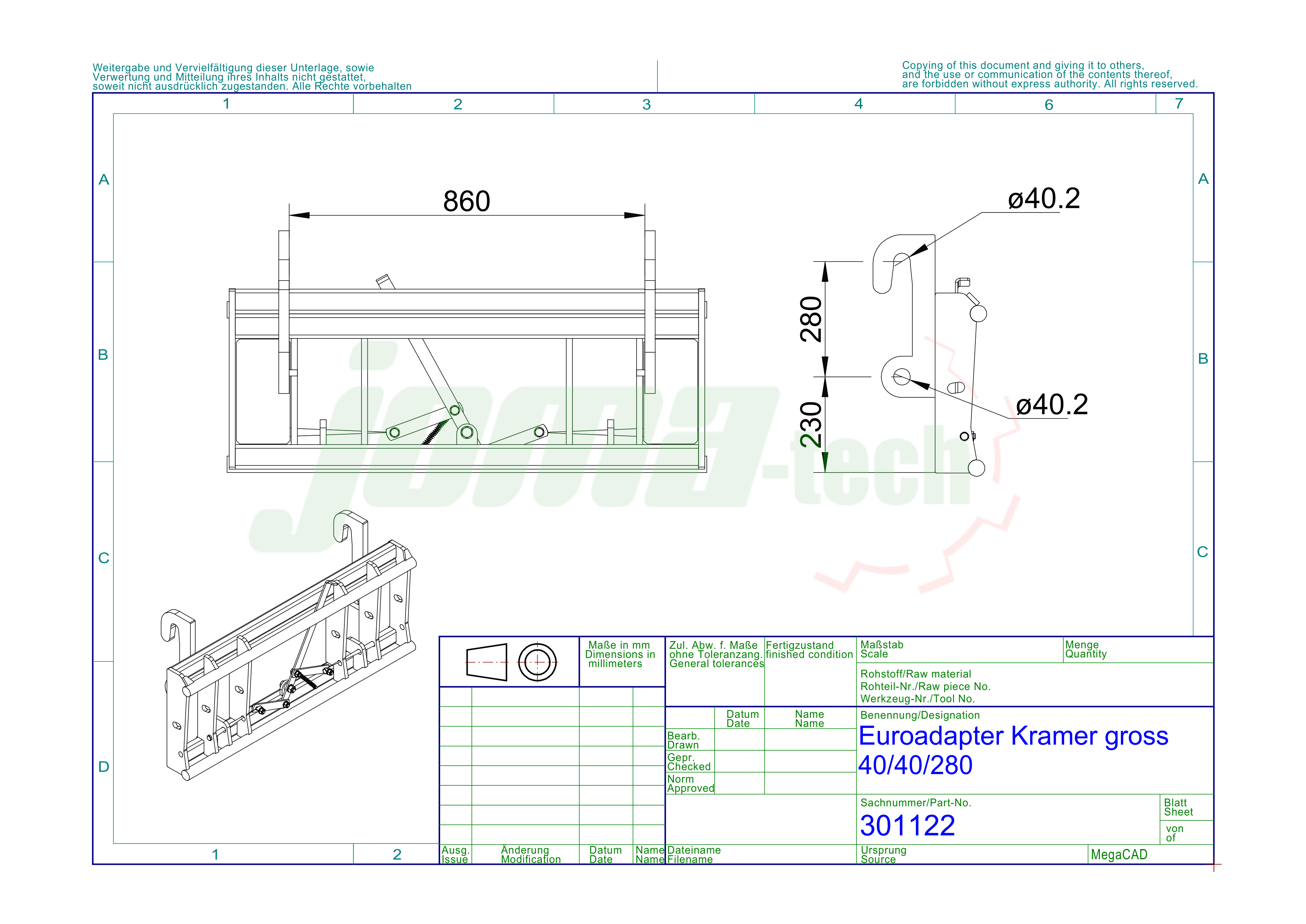 Joma-Tech Adapter von Radlader auf Euroaufnahme - Schnellwechsler Kramer gross 40x40x280mm Hydraulische Verrieglung