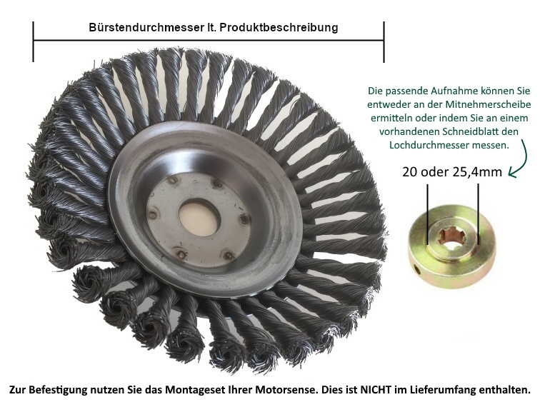 Unkrautbürste, Kegelbürste, Zopfbürste, Wildkrautbürste für Freischneider / Motorsense Ø 155mm; 30 Zöpfe-Ø 25,4mm